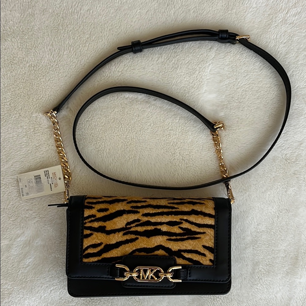 Michael Kors Heather Animal Print Black Leather Crossbody NEW